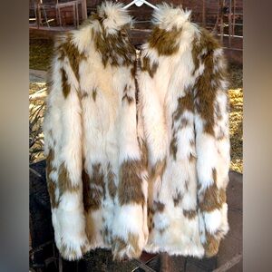 ASOS Faux Fur Jacket 
White and Tan Cow Print 
Size 10